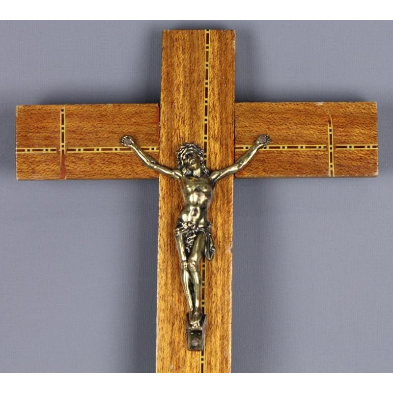 Ancien Crucifix Pendentif En Bois Et Laiton